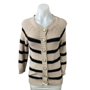 Payton Beige Black Striped Long Sleeve Button Dow Knit Cardigan Sweater Top Sz S